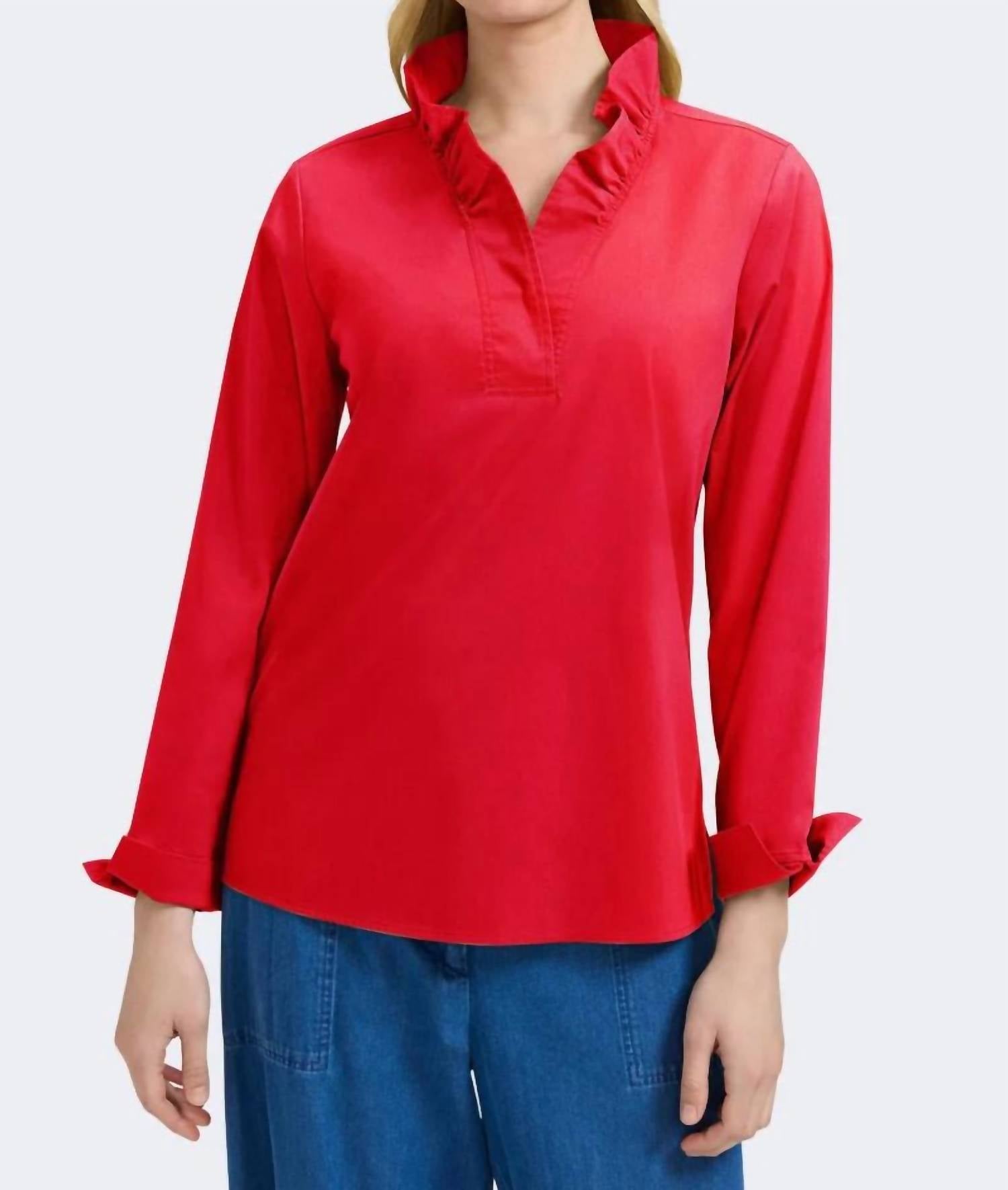 Foxcroft Tammy Ruffle Collar Top in red - women's long sleeve top