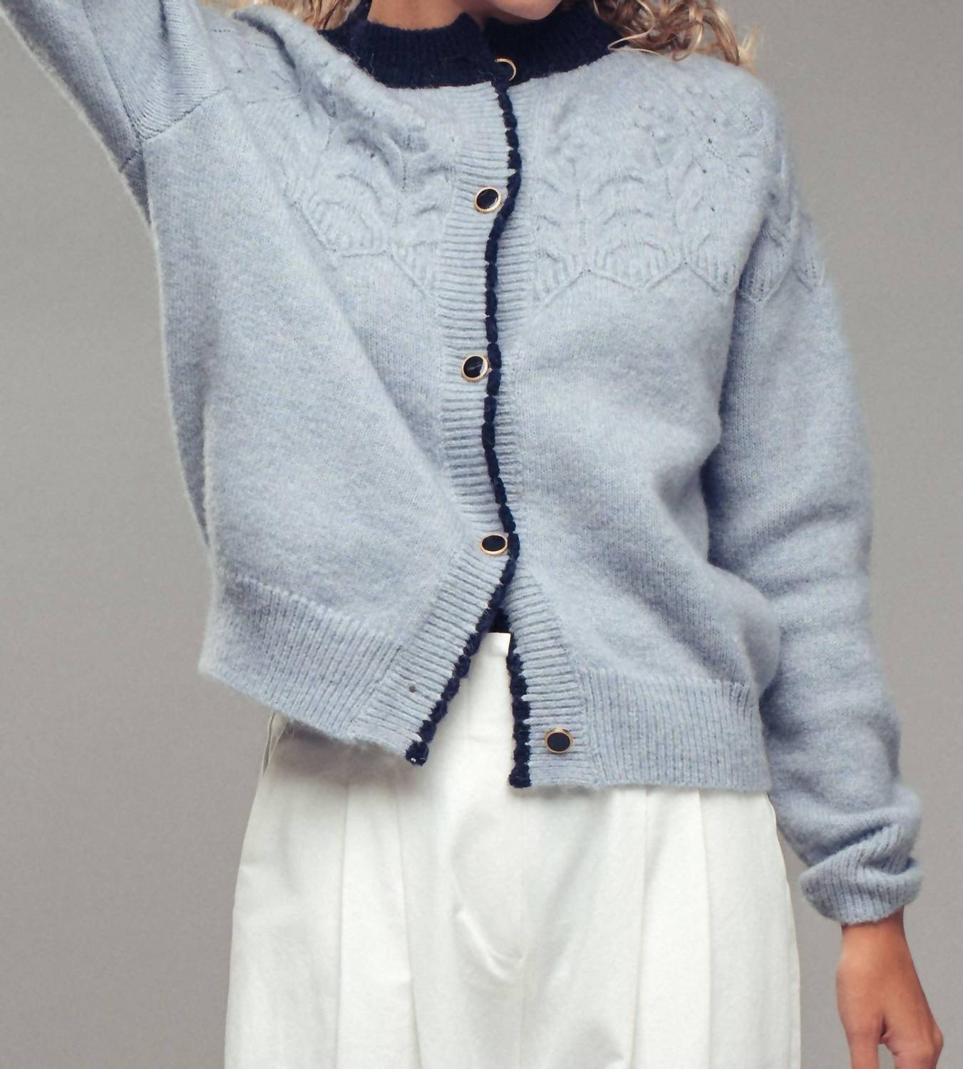Urban Daizy Textured Yoke Detail Cardigan in light blue - women's cardigan - detail view