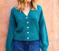 Karen Kane Pearl Button Cardigan Sweater in teal - women's cardigan - view 7