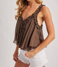 Bluivy - Gathered Strap Raw-edge V-neck Flowy Top