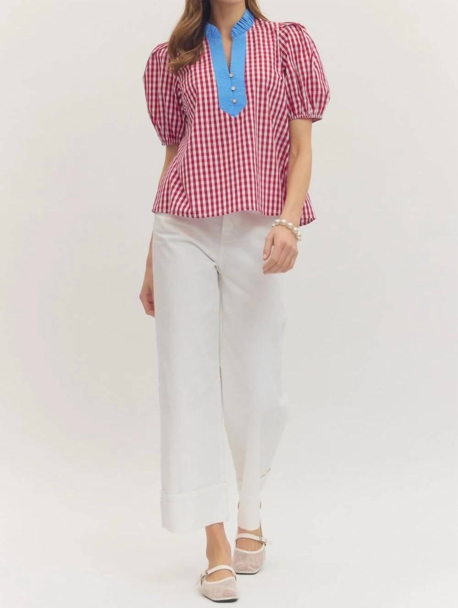 Entro - Gingham Puff Sleeve Top