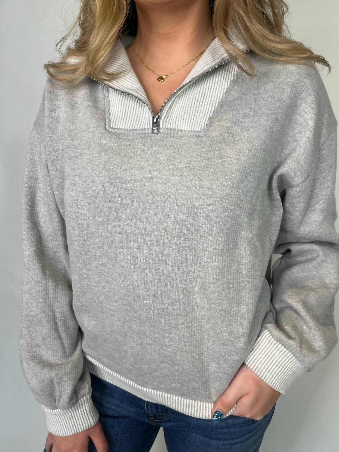 Bella Dahl Mix Knit Henley Zip Sweatshirt in grey - women's top - view 4