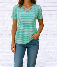 E. Luna Criss Cross Neckline T Shirt in turquoise and white stripe - women's t-shirt