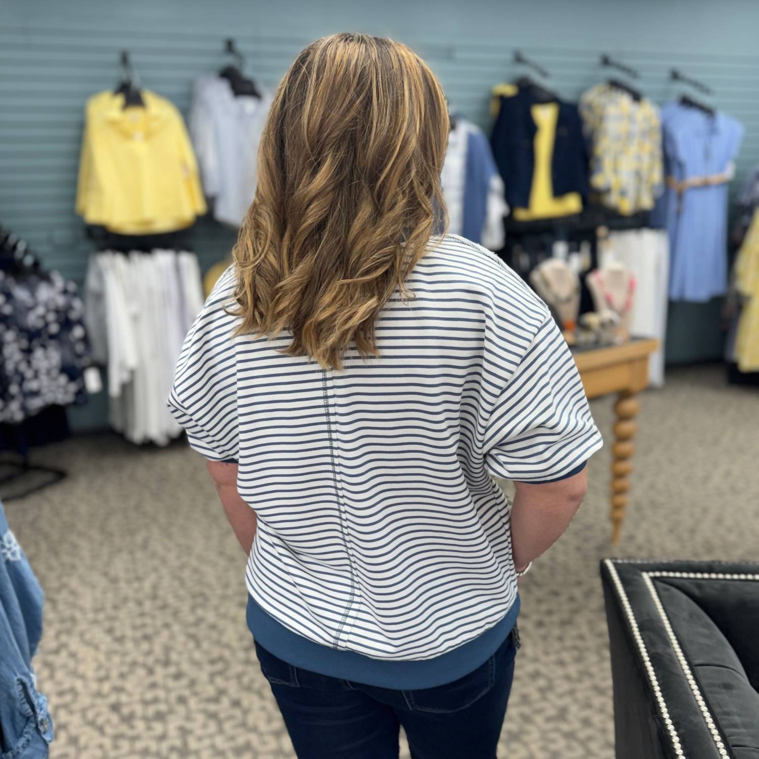 umgee Striped Knit Short Sleeve Casual Top in blue - women's t-shirt - detail view