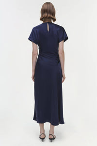 JONATHAN SIMKHAI Marabella Short Sleeve Draped Midi Dress in midnight - women's dress - alternate view