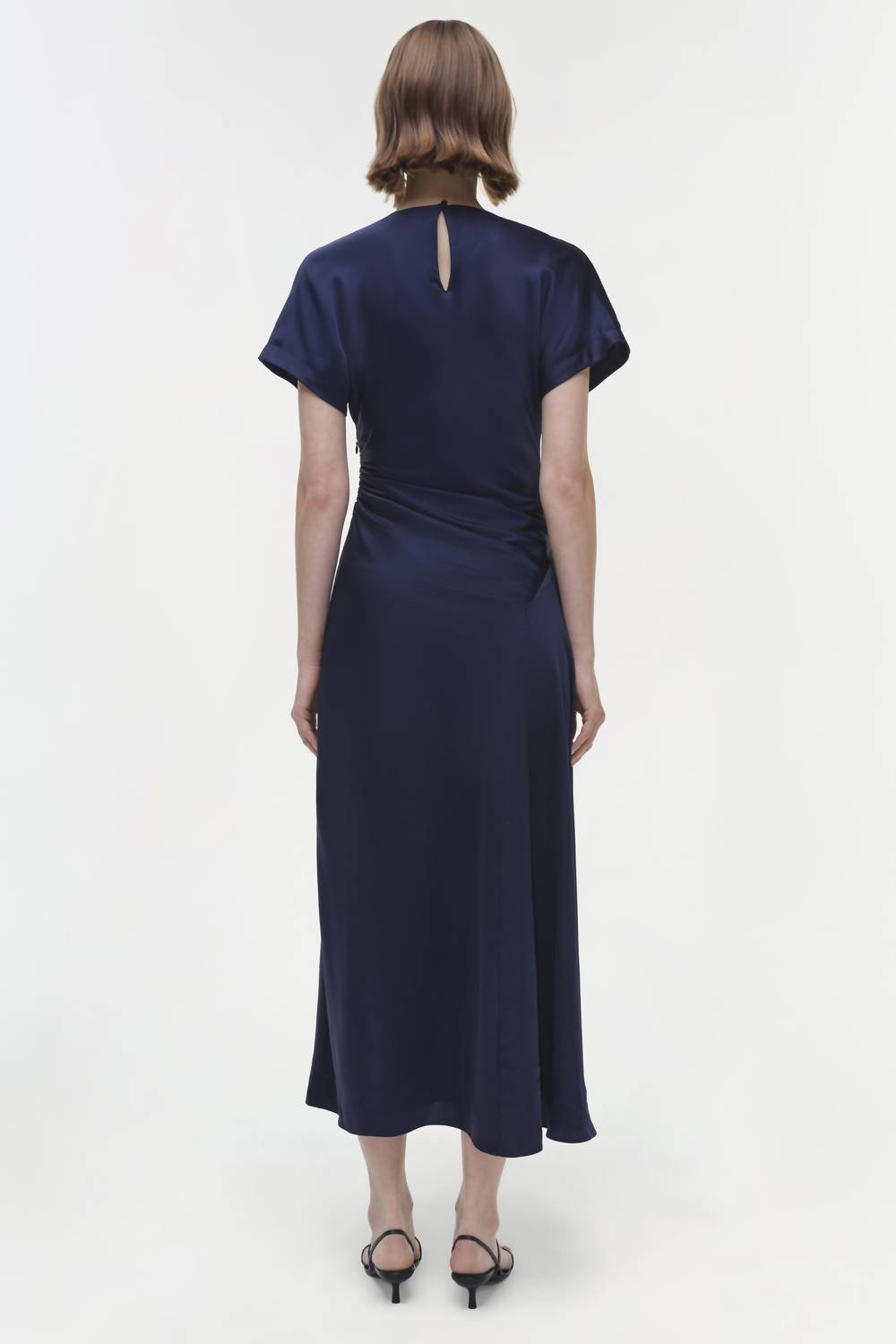 JONATHAN SIMKHAI Marabella Short Sleeve Draped Midi Dress in midnight - women's dress - alternate view