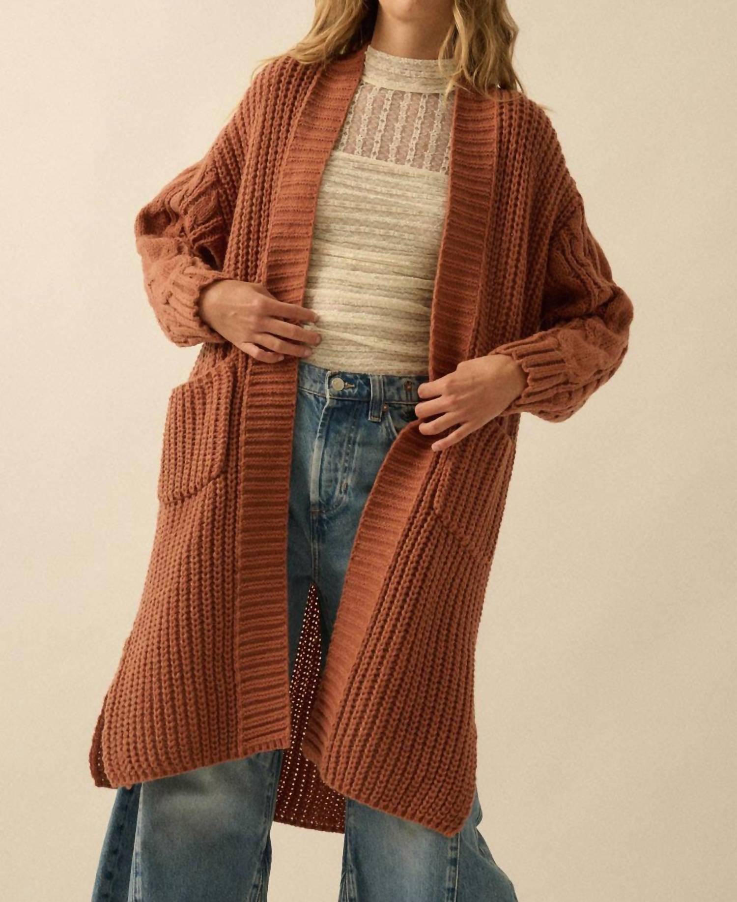 Promesa - Solid Rib Knit Open Front Cable Knit Cardigan