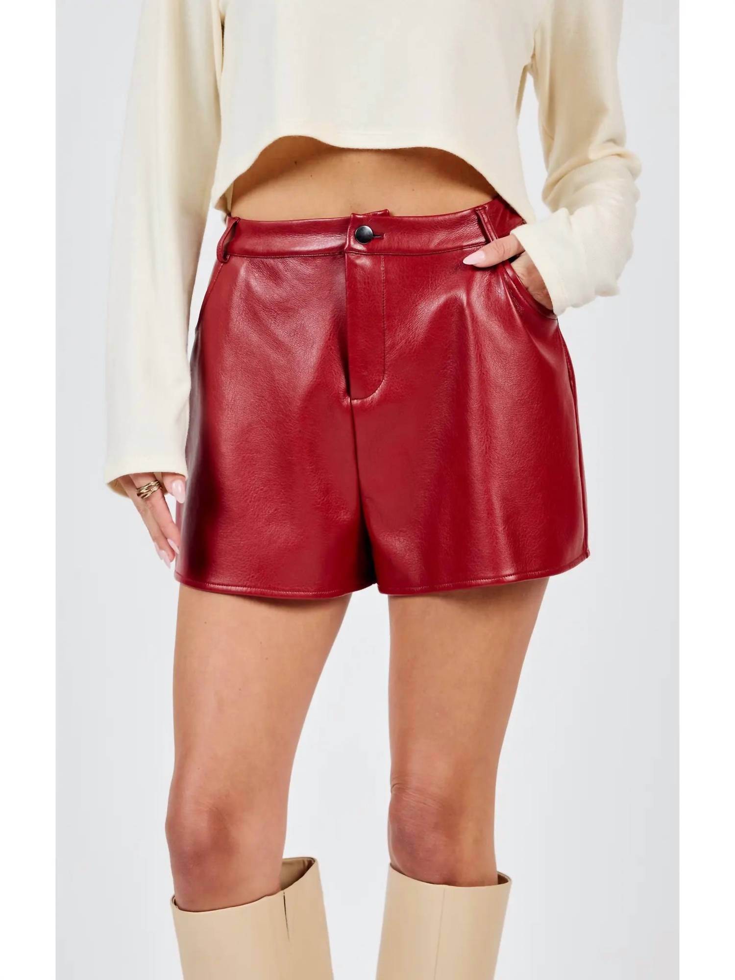 Sadie & Sage Night Vision Faux Leather Shorts in red - women's shorts