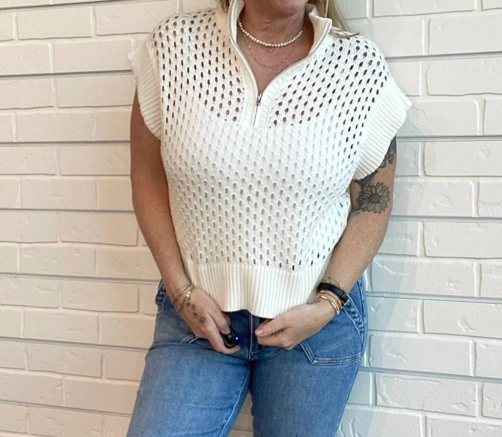 Vintage Havana - Open Knit Quarter Zip Sweater