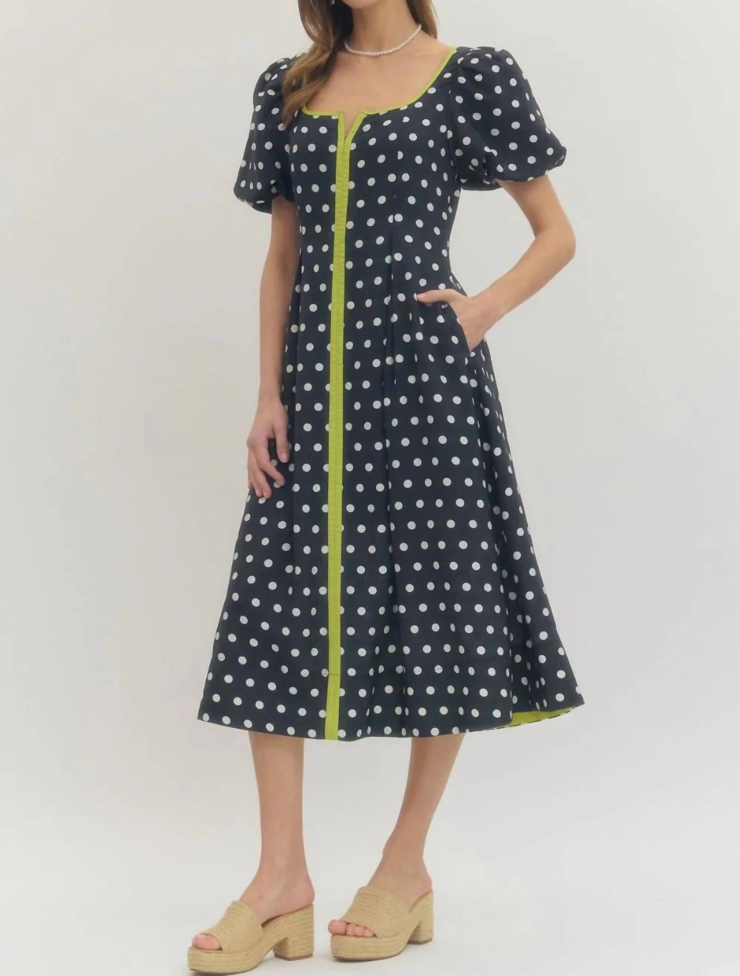 Entro - Polka Dot Puff Sleeve Midi Dress