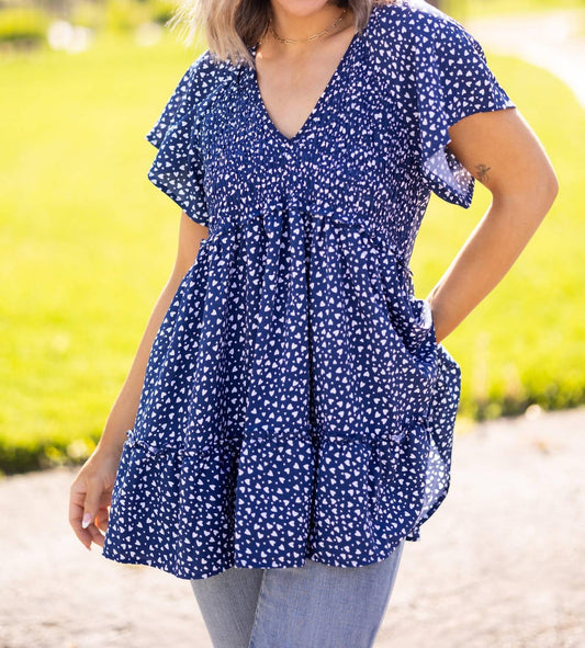 Davi & Dani - Heart Print Babydoll Tunic Top