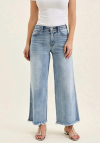 Judy Blue Ankle Hollywood Waistband Fray Hem Wide Leg Jeans in denim - women's jeans - view 4