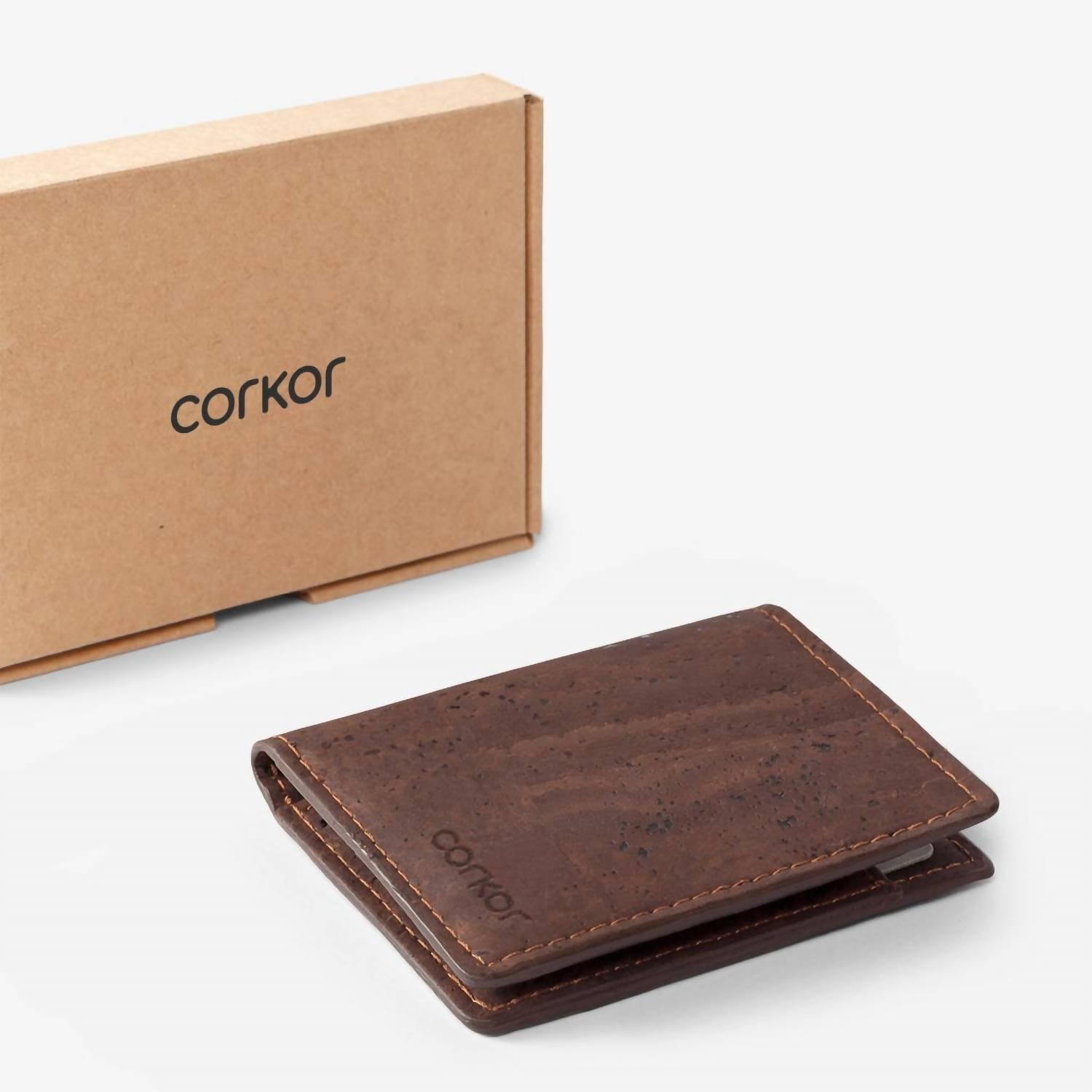 Corkor Men's Cork Minimalist Bi-fold Wallet in brown - men's bag - detail view