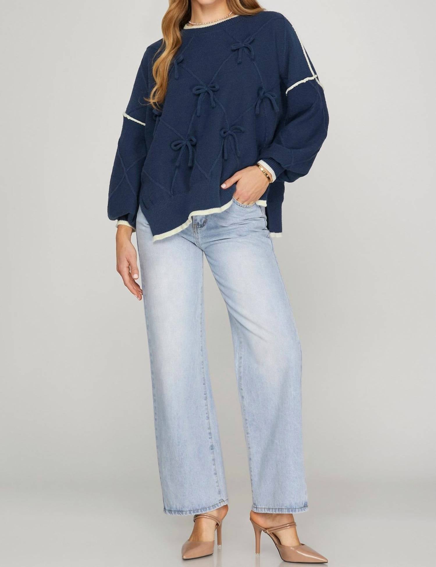 SHE + SKY Bow Detail Sweater Top in navy - women's sweater
