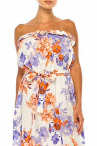 Vivid - Floral Belted A-line Strapless Maxi Dress