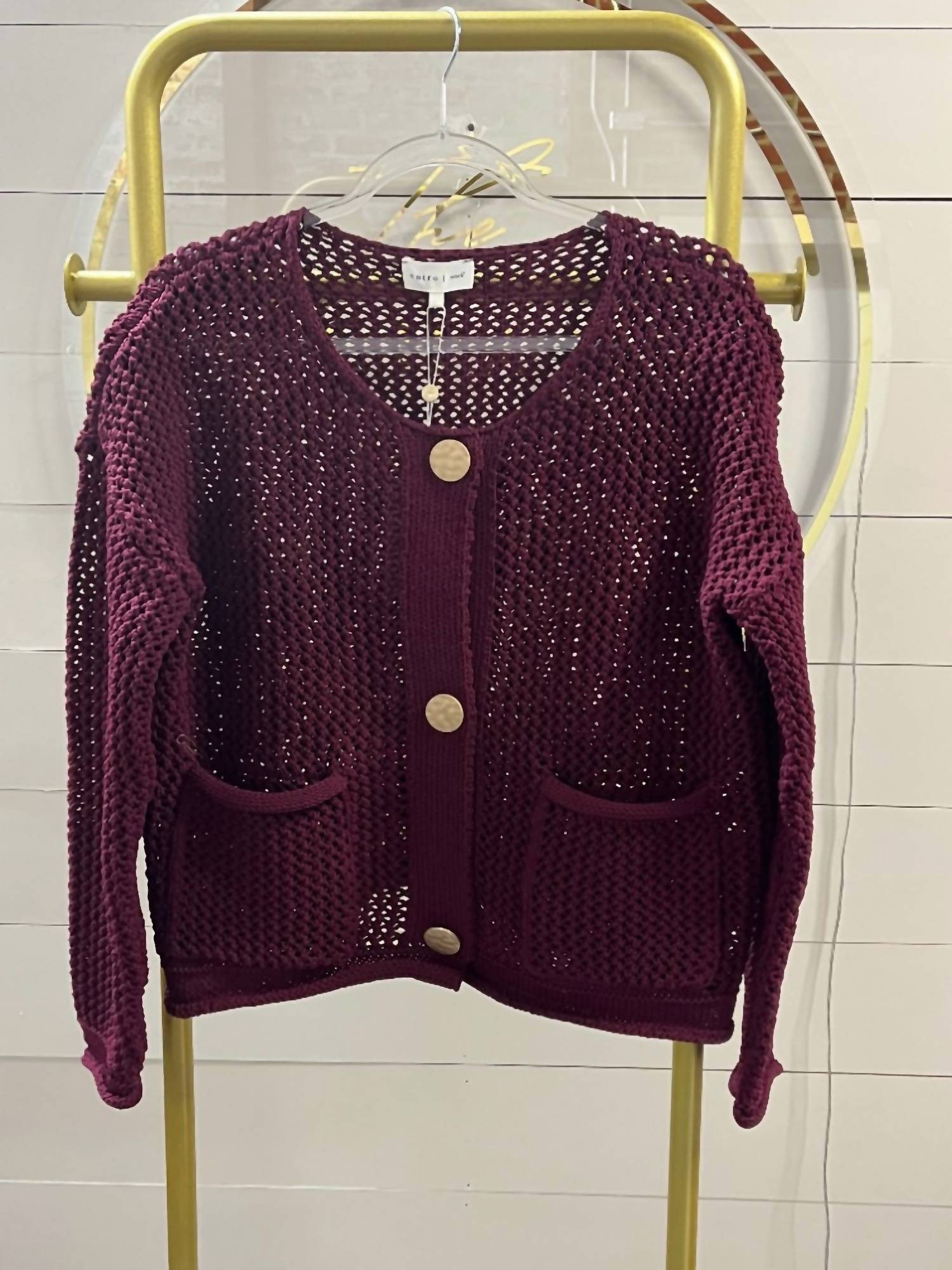 entro Sweater Knit Cardigan in burgundy - women's cardigan - alternate view