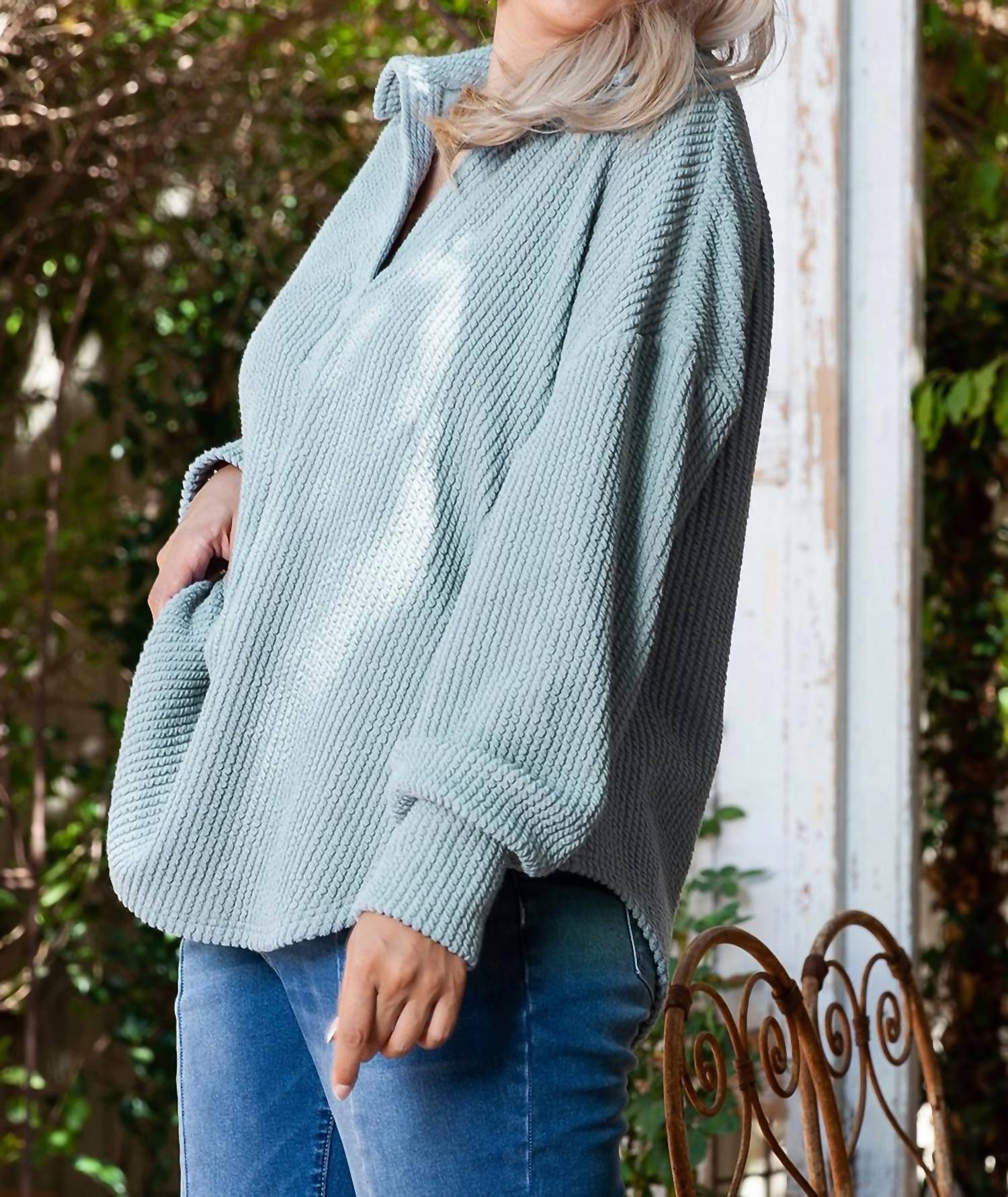 66Disco - Turn-down V-neck Drop Shoulder Top - Plus