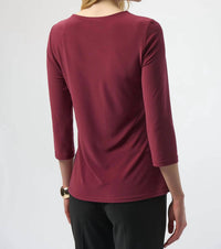 Joseph Ribkoff Scoop Neck 3/4 Sleeves Asymmetrical Top in merlot - women's blouse - alternate view