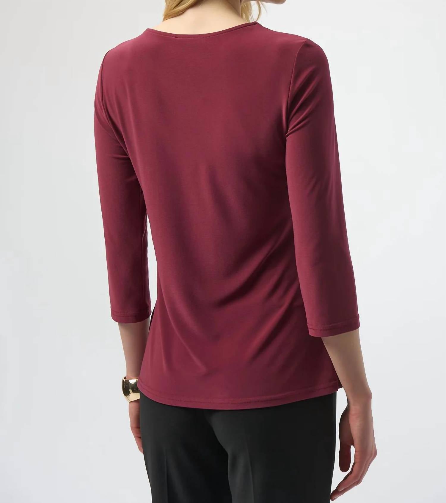 Joseph Ribkoff Scoop Neck 3/4 Sleeves Asymmetrical Top in merlot - women's blouse - alternate view