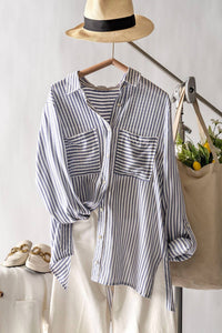 trend:notes Button Up Stripe Top in blue - women's shirt - detail view