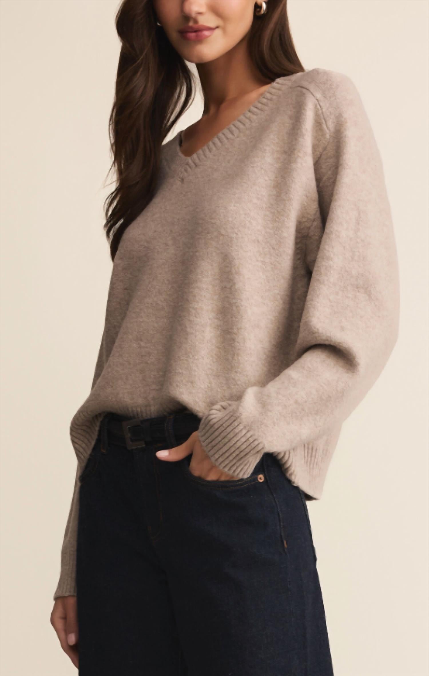 Z Supply Eloise V-neck Sweater in natural heather 1 - women's sweater - alternate view