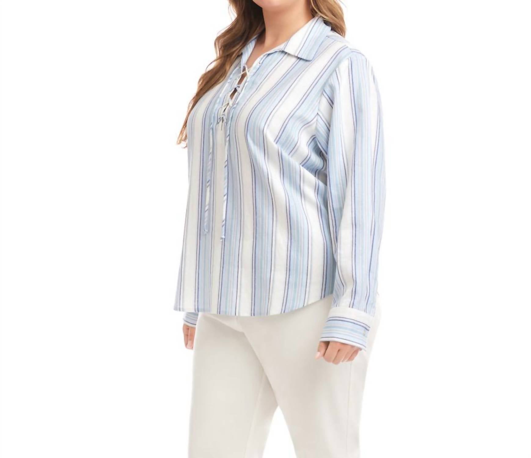 Karen Kane Eyelet Lace Up Top - Plus in stripe - women's long sleeve top - detail view