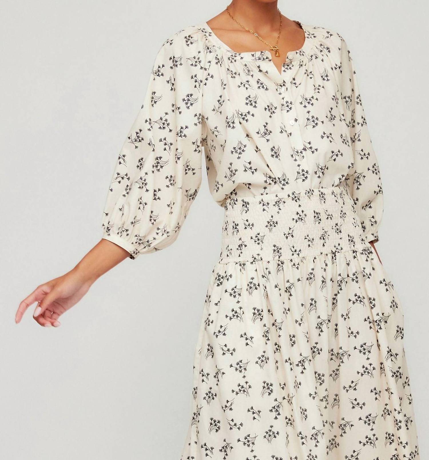 Fifteen Twenty Sam Short Sleeve Peasant Top in cream black print - women's t-shirt - detail view