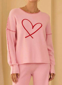 Skies Are Blue - Heart Embroidered Sweater With Blanket Stitch