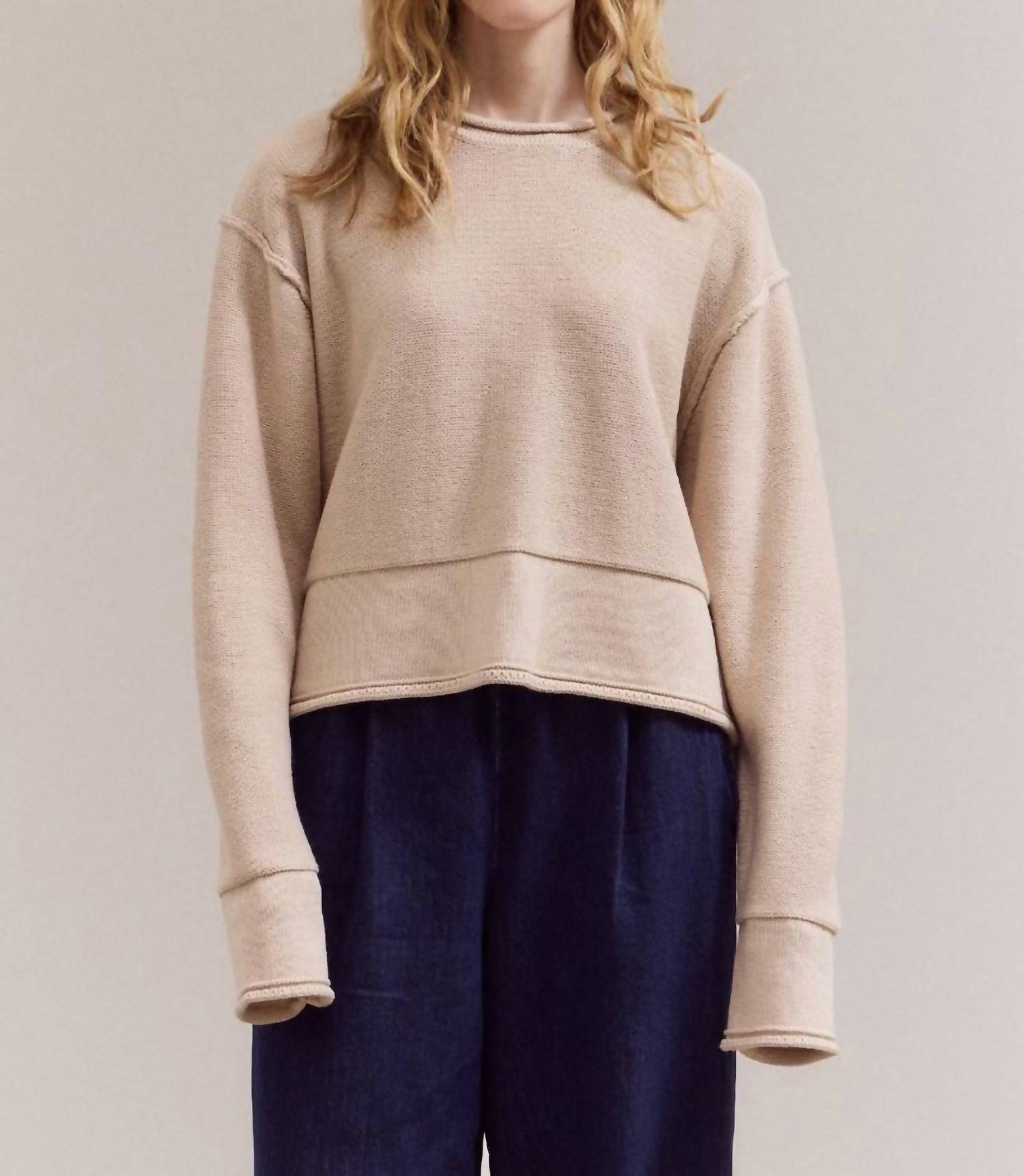 GRADE & GATHER Rolled Edge Detail Long Sleeve Top in parchment 1 - women's sweater