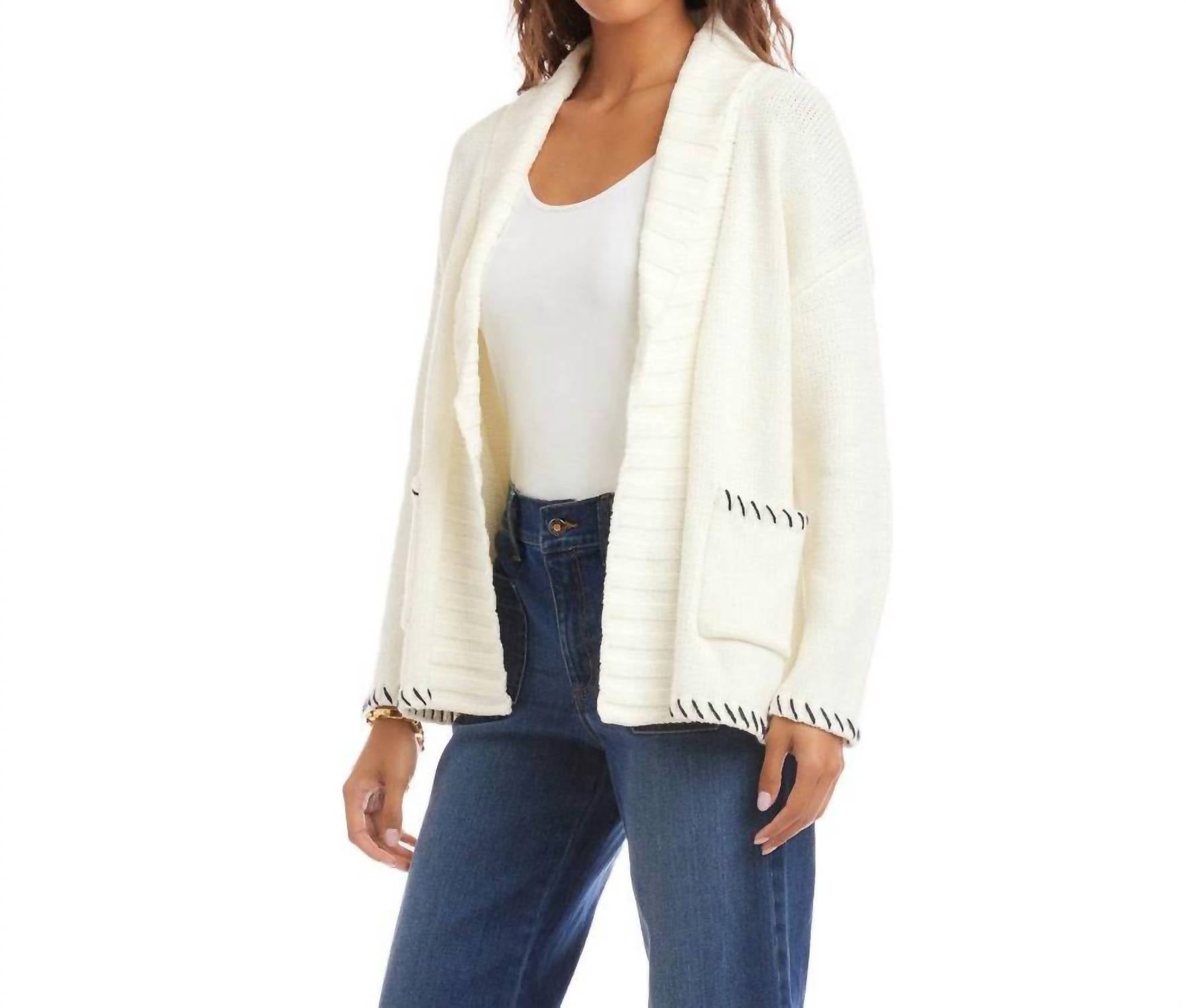Karen Kane Contrast Stitch Open Front Cardigan Sweater in off white with navy - women's cardigan - detail view
