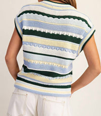 ee:some Striped Round Neck Cap Sleeve Sweater Top in blue - women's t-shirt - detail view