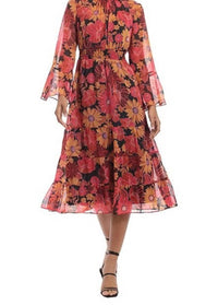 Donna Morgan - Floral Mock Neck Tiered Ruffle A-line Midi Dress