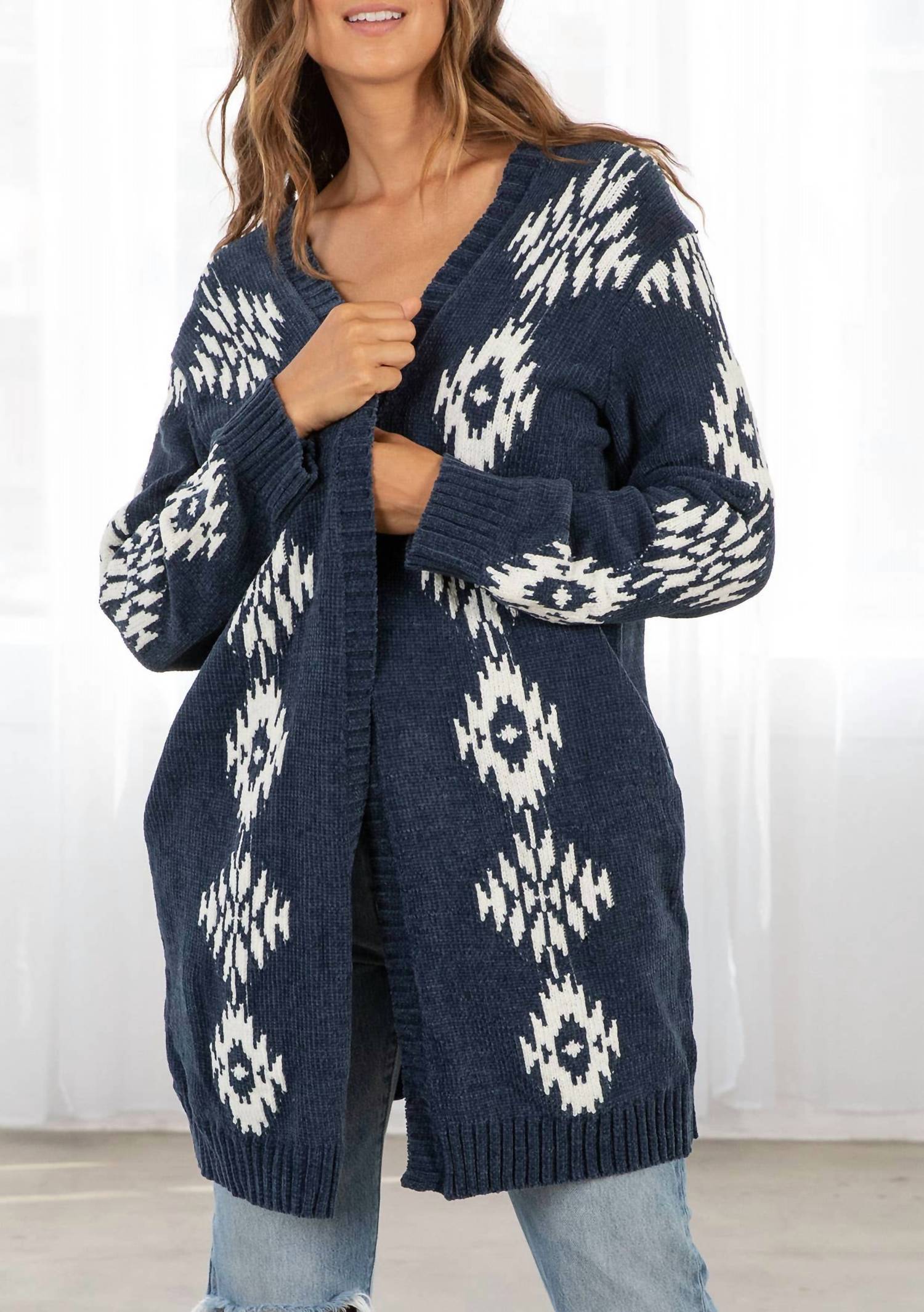 LOVESTITCH Beautiful Southwestern Open Front Cardigan in indigo off white - women's cardigan - view 6