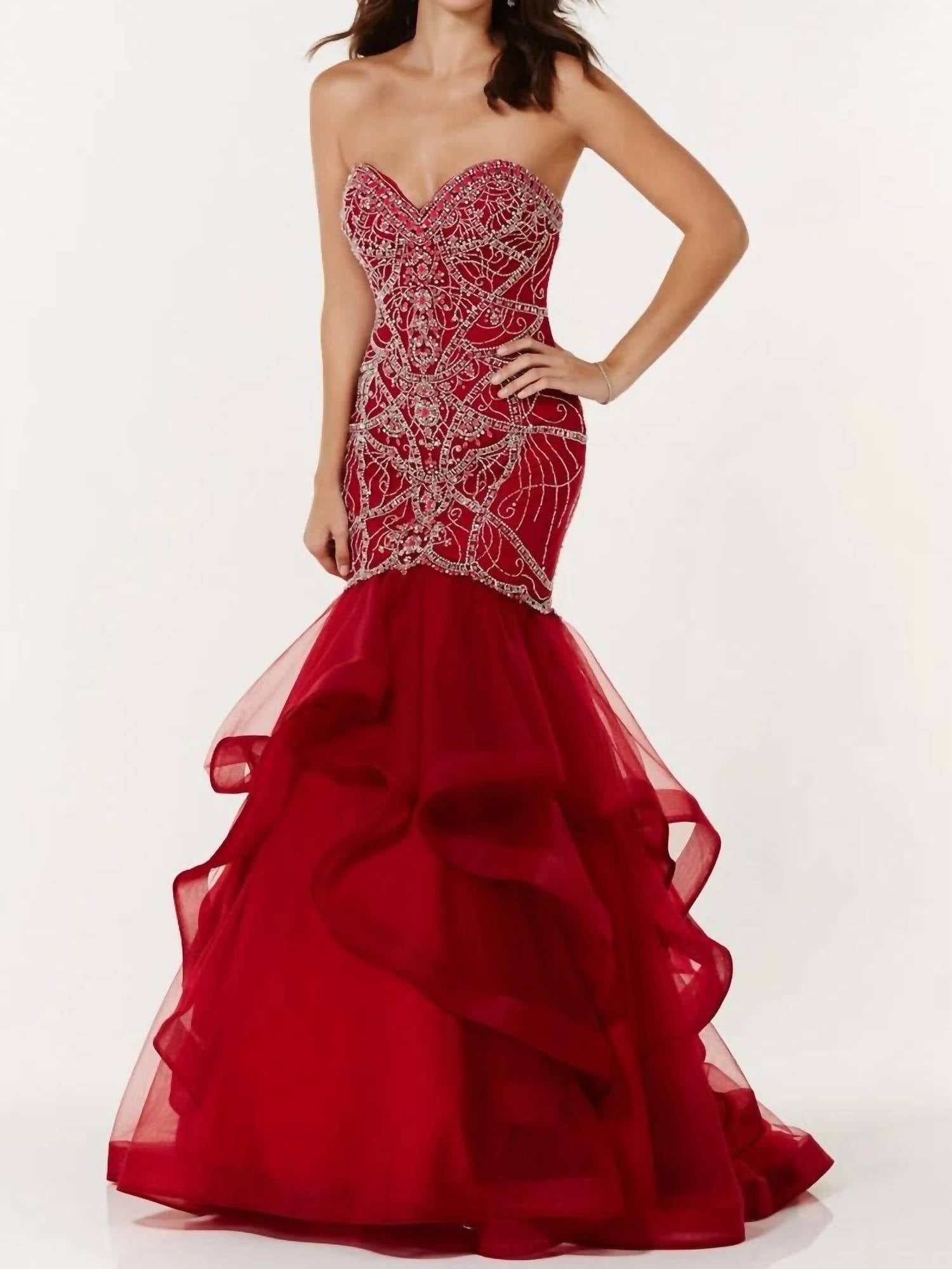 ALYCE PARIS Strapless Tulle Ruffled Mermaid Gown in claret - women's dress