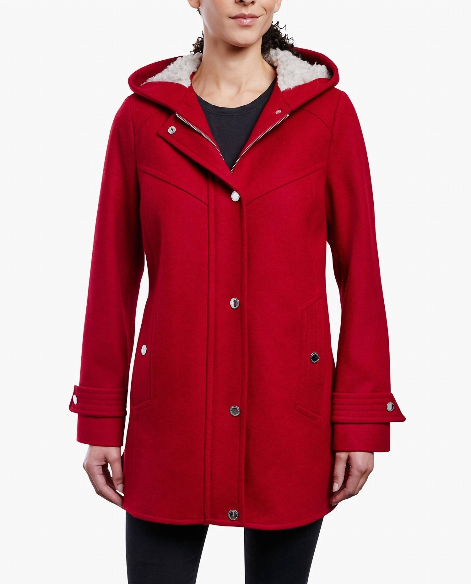 London Fog - Zip-front Sherpa Lined Hood 31" Wool Jacket