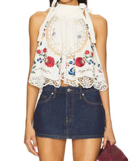 SEA Celia Embroidery Halter Top in cream - women's tank top