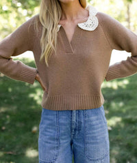 Marea Crochet Collar Sweater in camel - women's sweater
