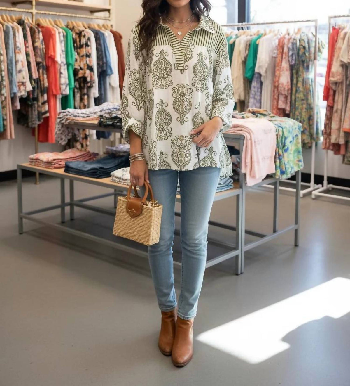 She + Sky - Long Sleeve Woven Print Collared Top