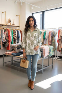 She + Sky - Long Sleeve Woven Print Collared Top