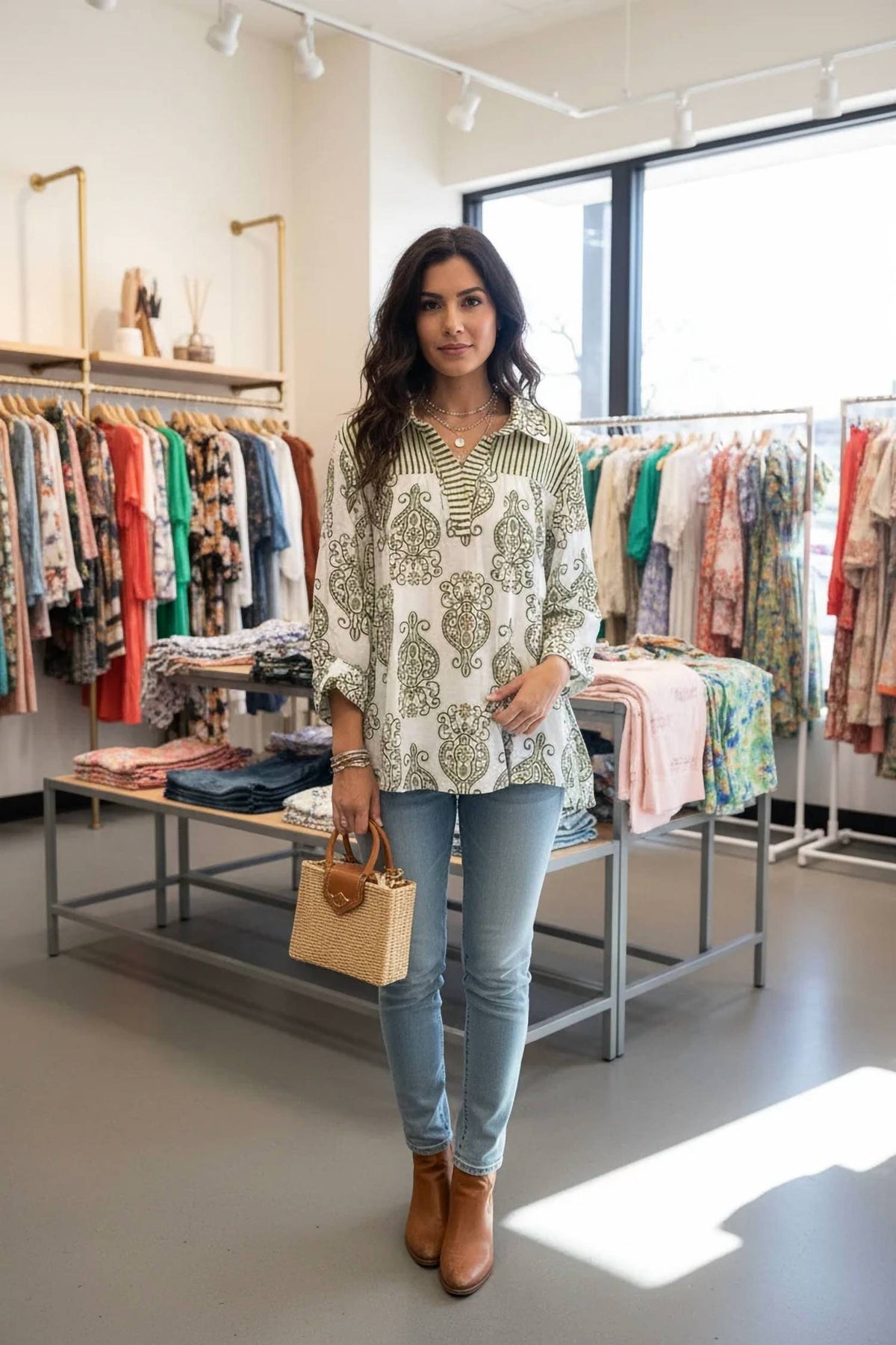 She + Sky - Long Sleeve Woven Print Collared Top