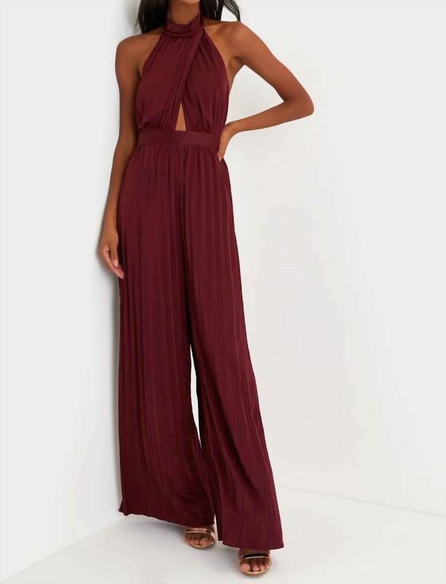 Lulus Women's Confident Impression Satin Pleated Halter Jumpsuit in burgundy - women's pants