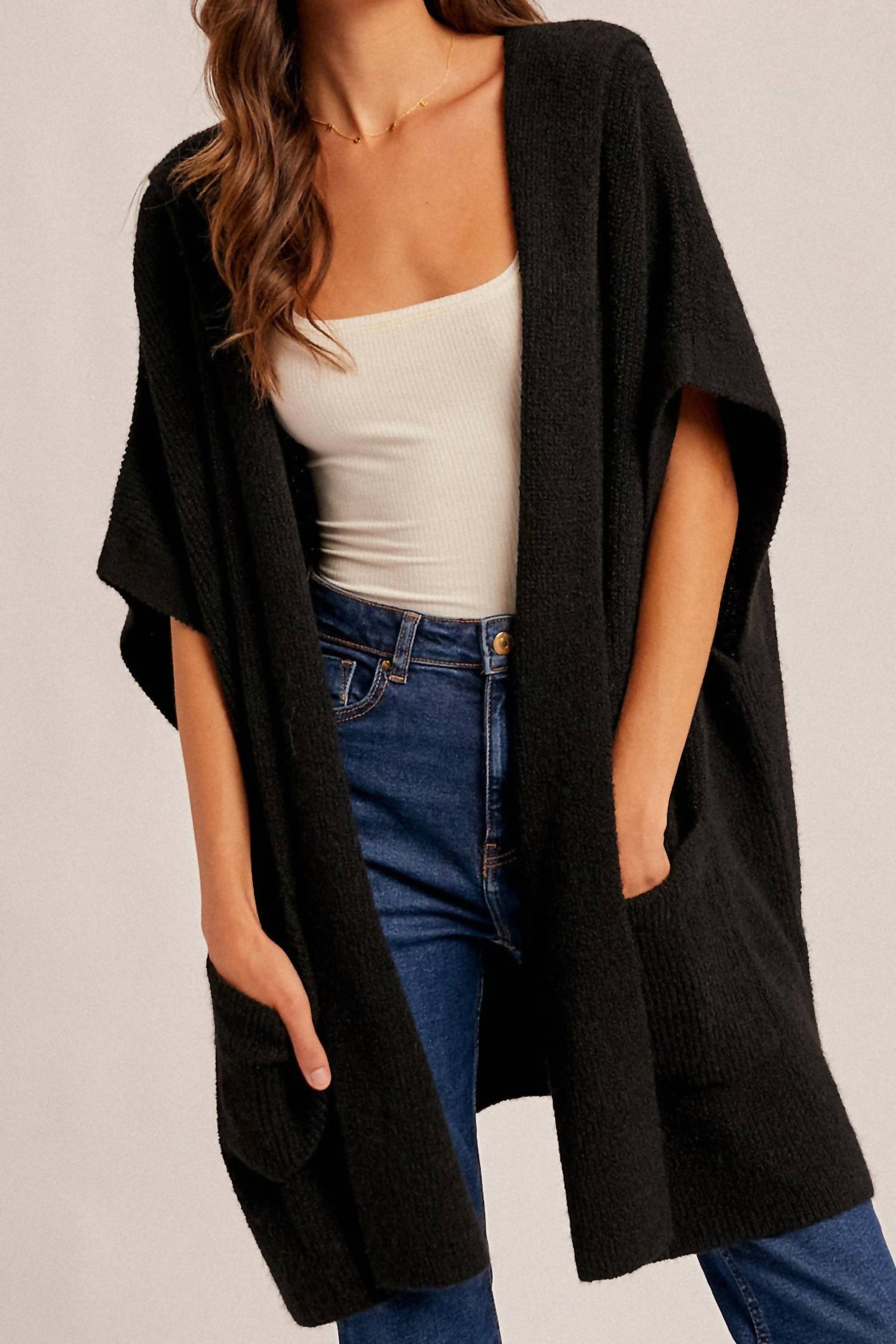 Hem & Thread Hooded Sweater Poncho in black - women's sweater