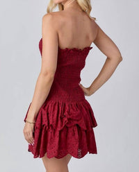 BABY PINK Eyelet Smocked Ruffle Mini Dress in maroon - women's dress - detail view