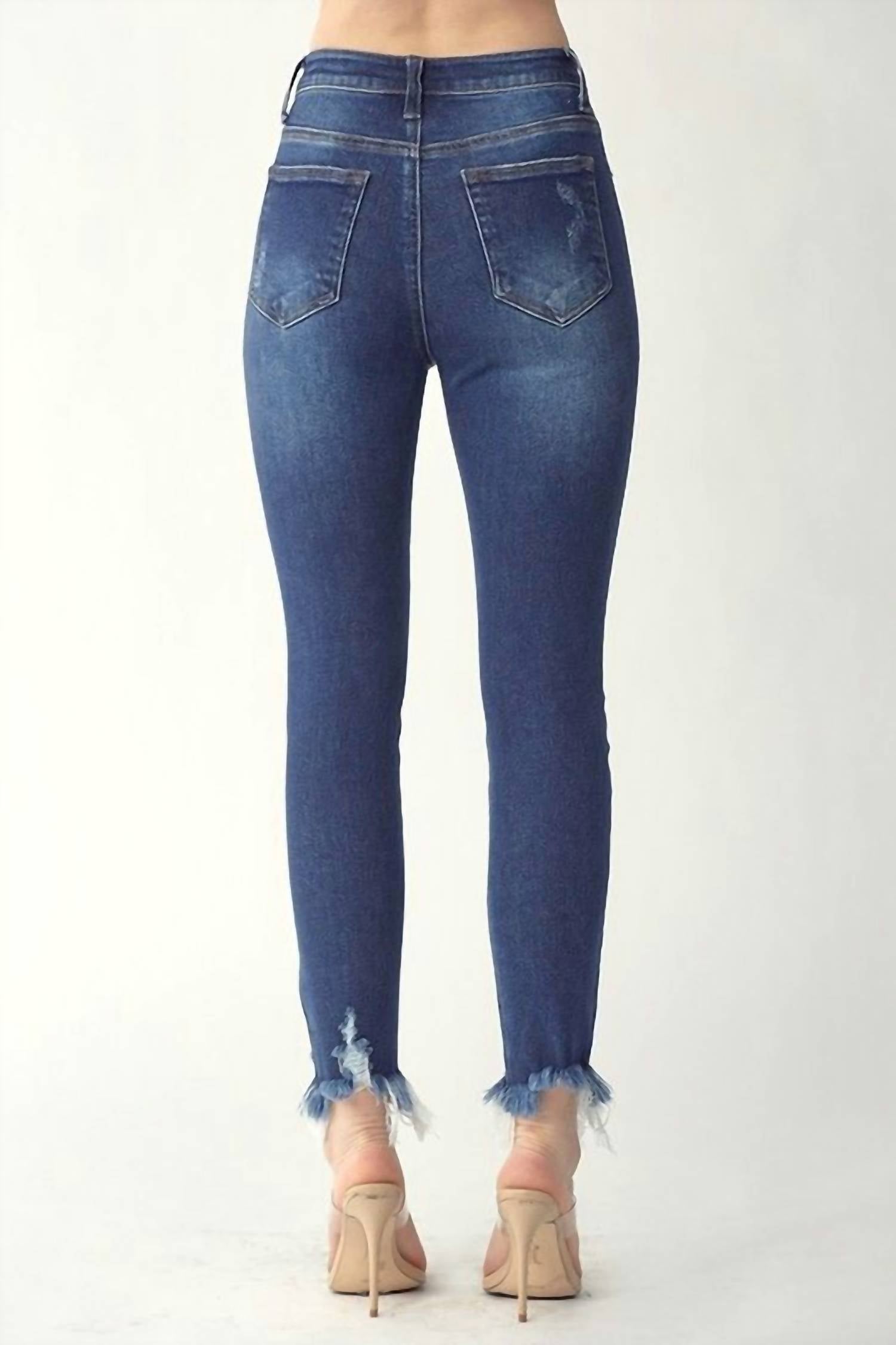 RISEN Women's Button Fly Skinny Jeans in blue - women's jeans - detail view