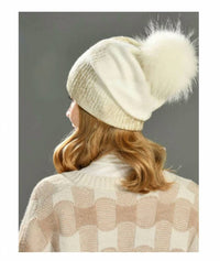 Prenelove - Women's Avery Foil Beanie With Real Fur Pompom
