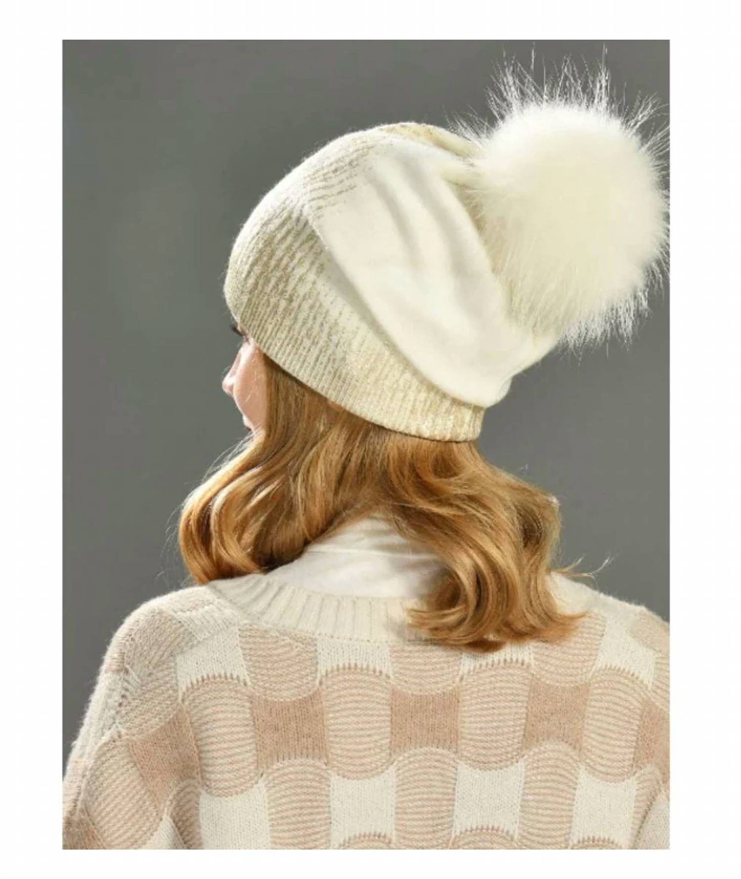 Prenelove - Women's Avery Foil Beanie With Real Fur Pompom