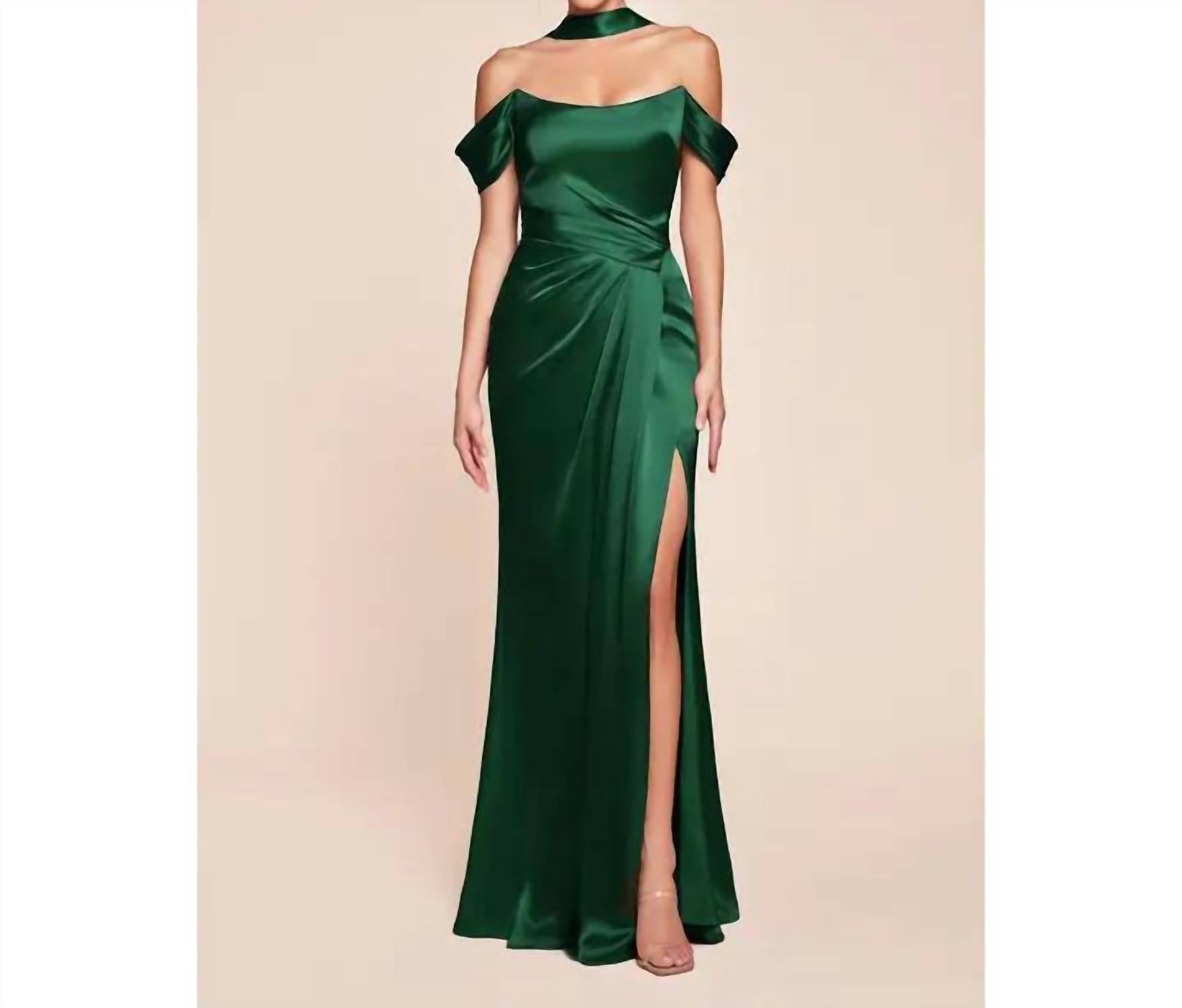 Ladivine - Satin Fitted Off Shoulder Slit Gown
