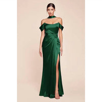 Ladivine - Satin Fitted Off Shoulder Slit Gown