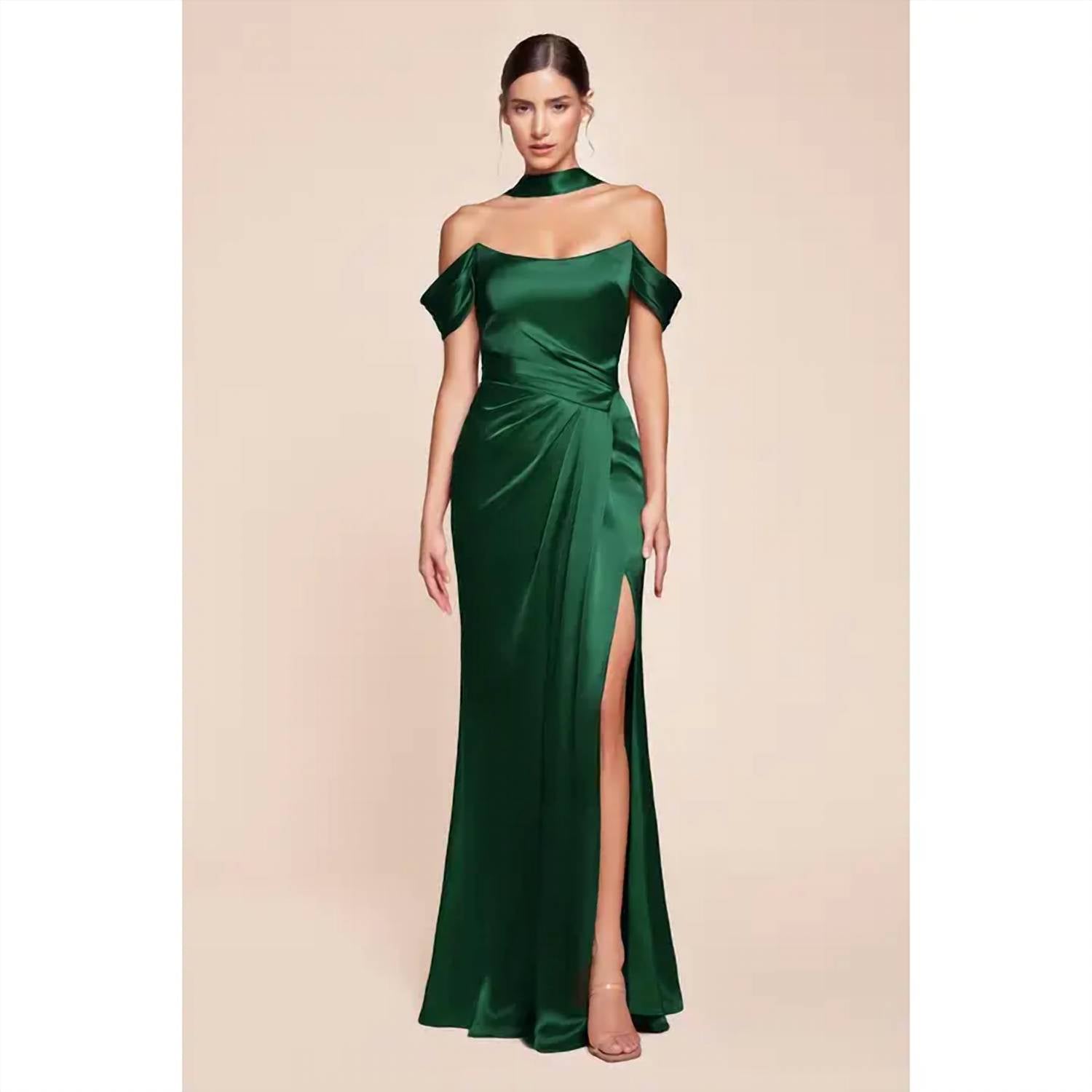 Ladivine - Satin Fitted Off Shoulder Slit Gown