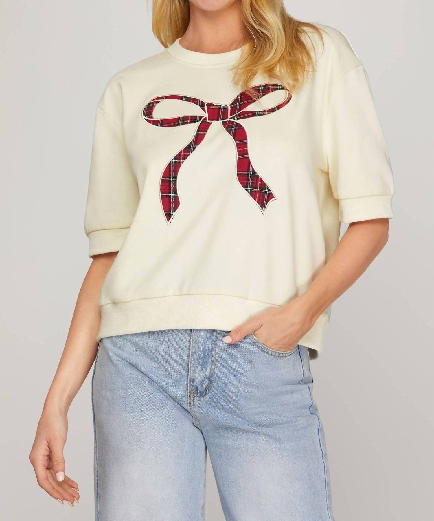 She + Sky - Plaid Bow Accent Top
